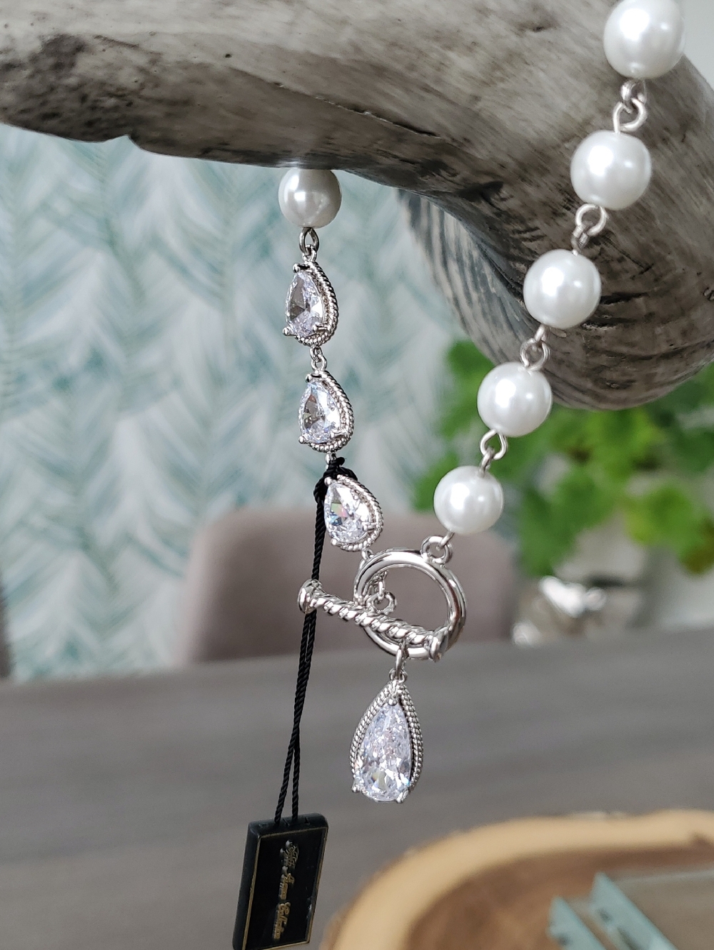 Fifth Avenue, NWT Silver, Clear Crystal & Pearl Bracelet, Toggle Clasp 7.5"